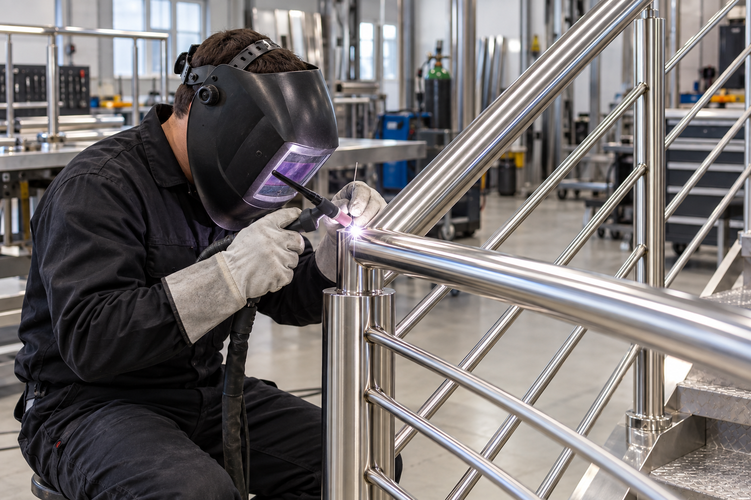 TIG welding of a polished stainless steel balustrade