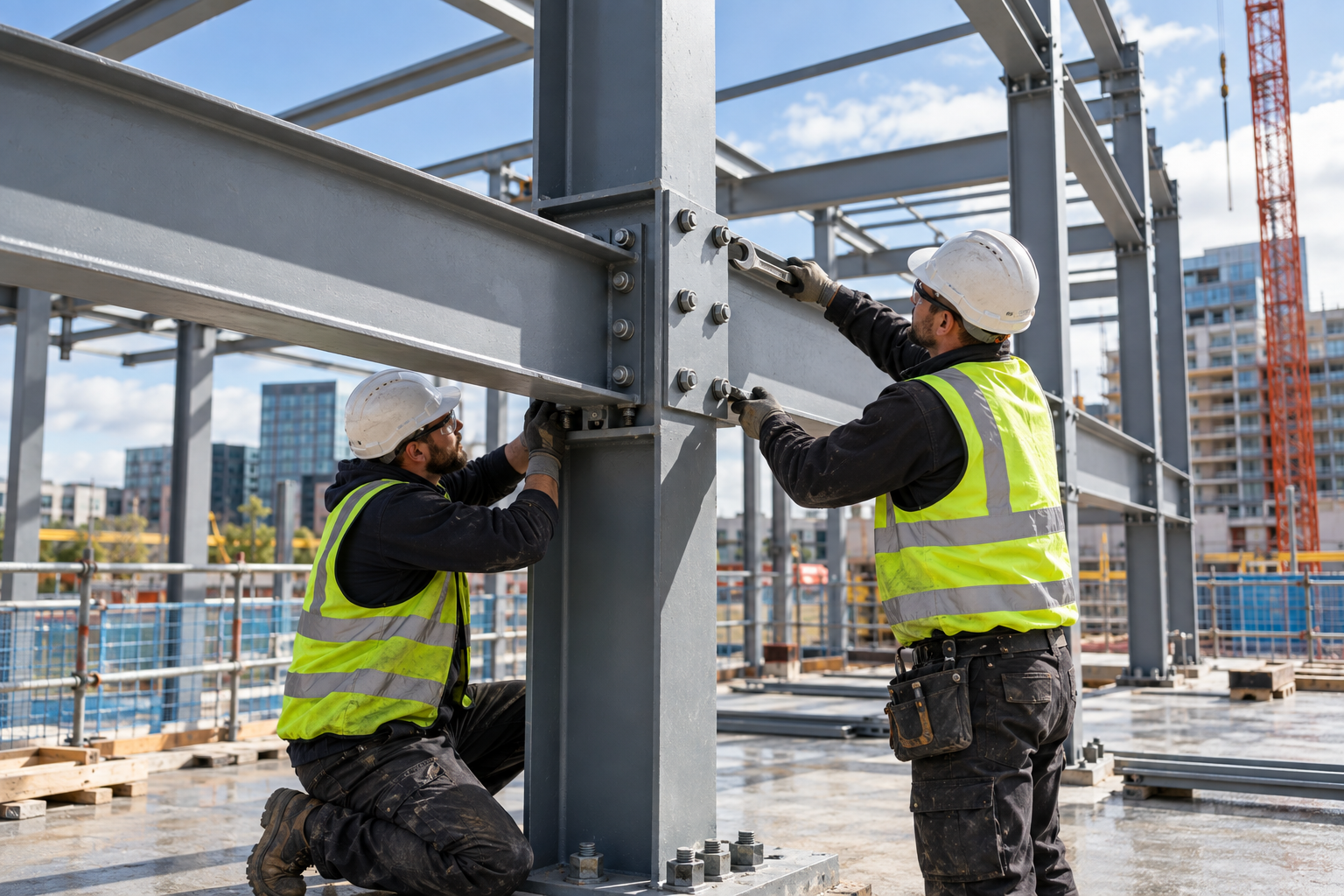Structural steel frame installation on a commercial site
